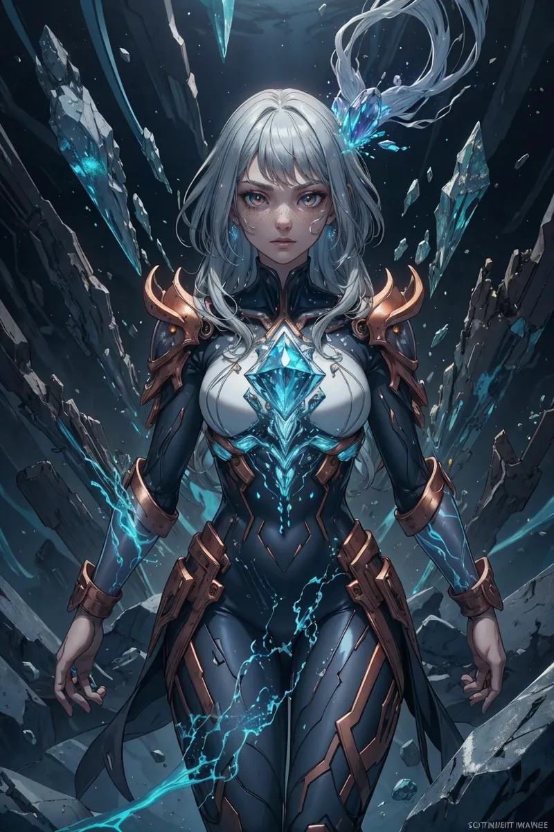 Future warrior woman with silver hair, wearing cyber armor, embedded with glowing blue crystals and surrounded by floating crystals. This is an AI generated image using Stable Diffusion.