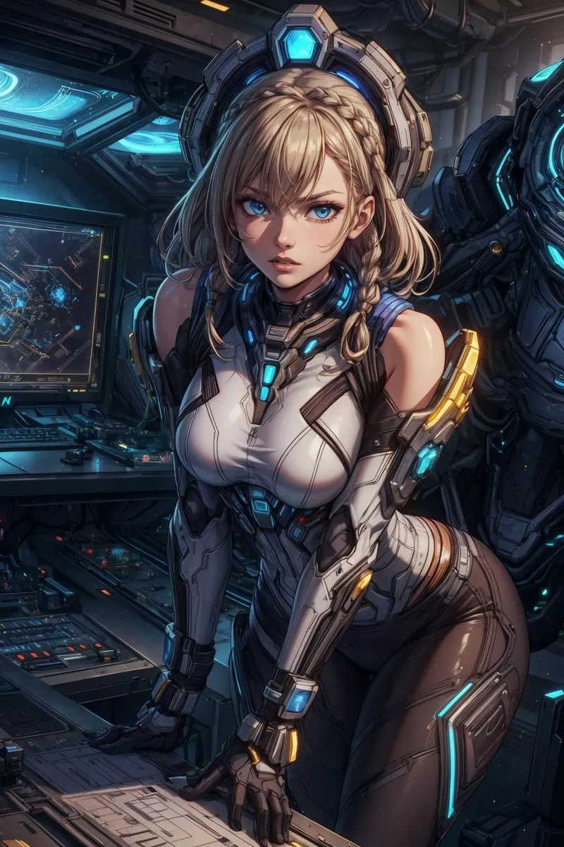 Blonde female cyber warrior with braided hair in detailed futuristic armor, in a high-tech control room with monitors and machinery. AI generated image using stable diffusion.