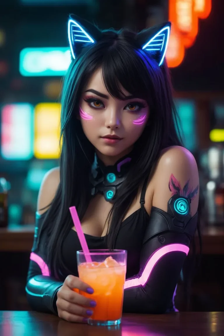 A cyber woman with neon lights in a bar, AI generated image using Stable Diffusion.