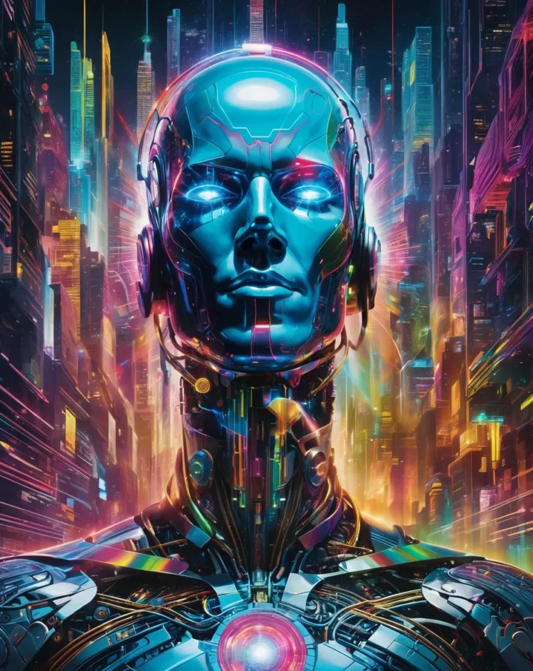 A detailed depiction of a cybernetic android with glowing neon lights and futuristic city background, AI generated image using Stable Diffusion.