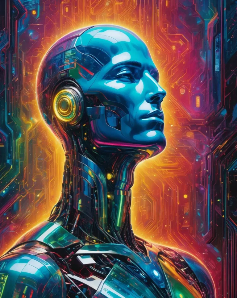 A cybernetic humanoid figure set against a vibrant, futuristic digital landscape, created using Stable Diffusion AI.