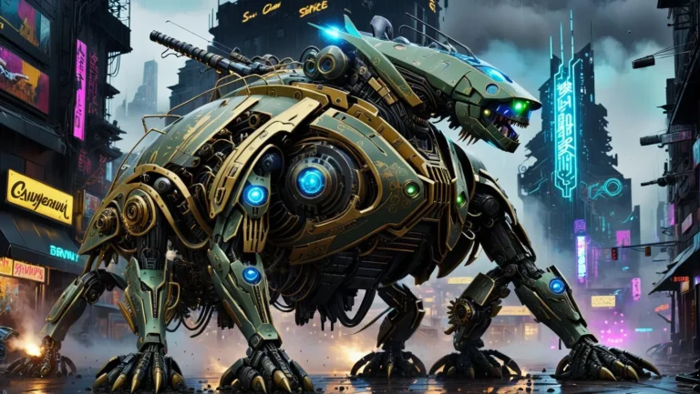 A highly detailed cybernetic beast with glowing blue and green lights dominates a futuristic, neon-lit cityscape. Created using stable diffusion.