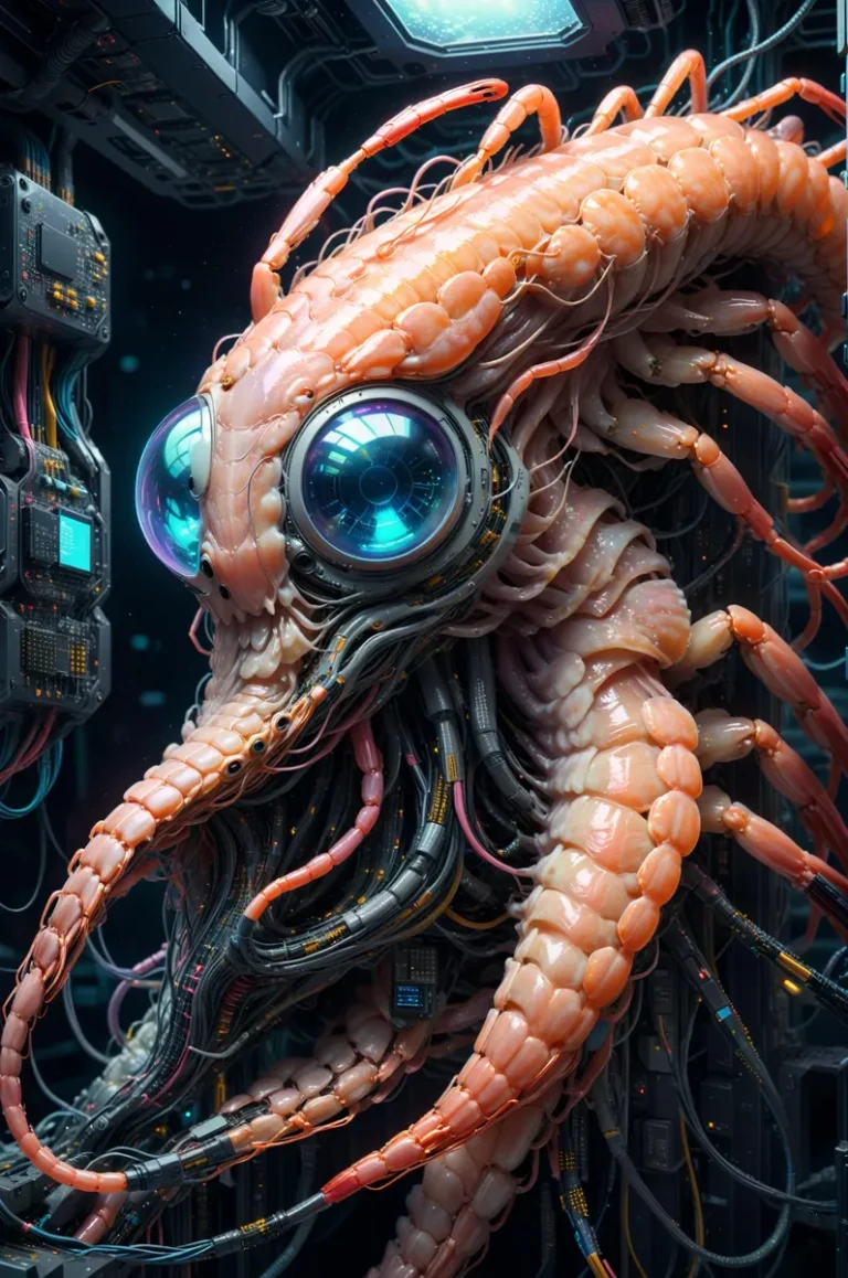 AI generated image using Stable Diffusion of a cybernetic cephalopod with large glowing blue eyes and intricate mechanical components in a futuristic setting.