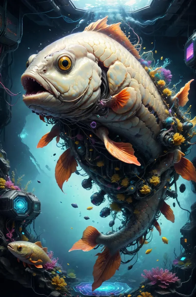 A cybernetic fish with mechanical parts swimming in a futuristic underwater scene with colorful corals and digital screens, generated using Stable Diffusion.