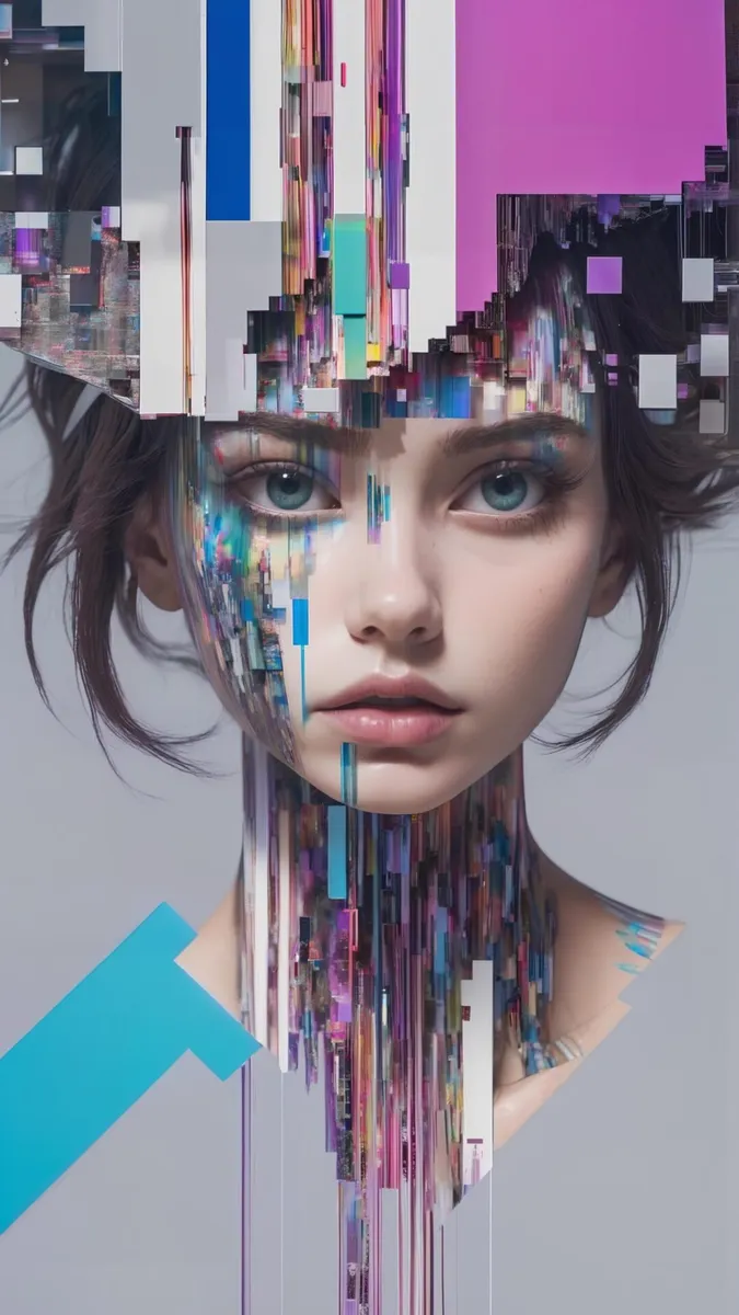 A futuristic cybernetic girl with pixelated and abstract digital overlays on her face, created using Stable Diffusion AI image generation.