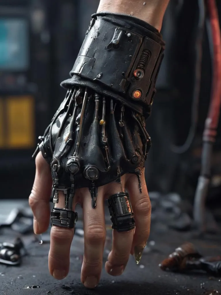 Cybernetic hand with intricate mechanical prosthetic interface, AI generated using Stable Diffusion.