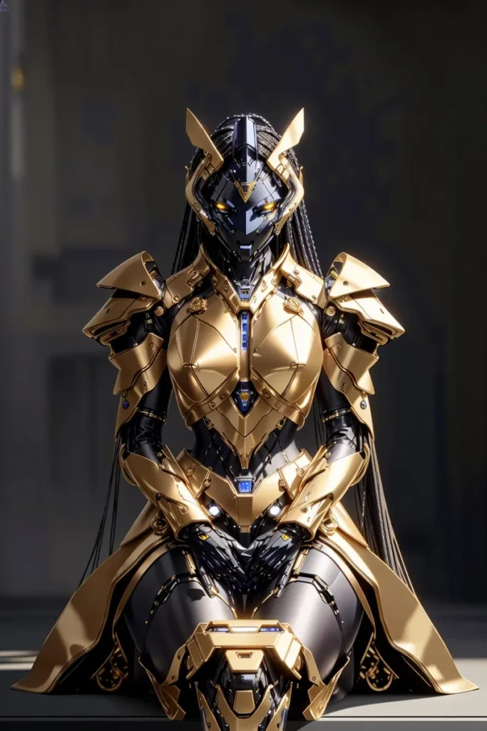 Cybernetic samurai in intricate gold and black futuristic armor, ai generated image using stable diffusion.