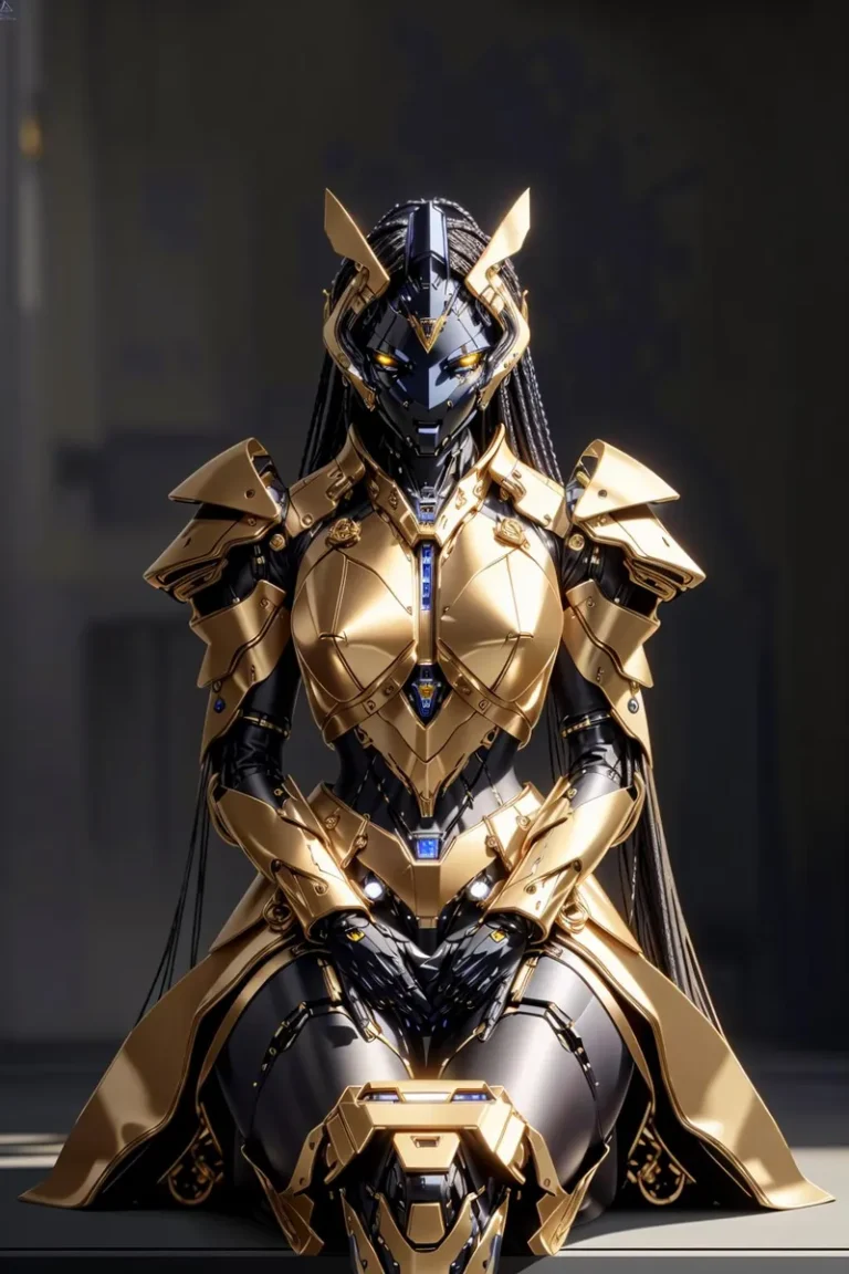 Cybernetic samurai in intricate gold and black futuristic armor, AI generated image using Stable Diffusion.