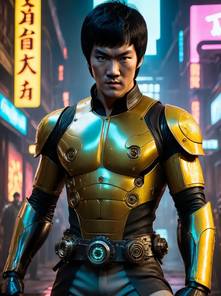 Cybernetic warrior in golden futuristic armor standing against a neon-lit cityscape, created using AI and Stable Diffusion.