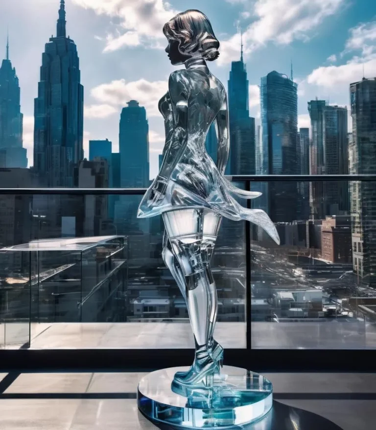 AI generated image using stable diffusion of a cybernetic woman in a cityscape backdrop, with futuristic elements and tall skyscrapers under a cloudy sky.