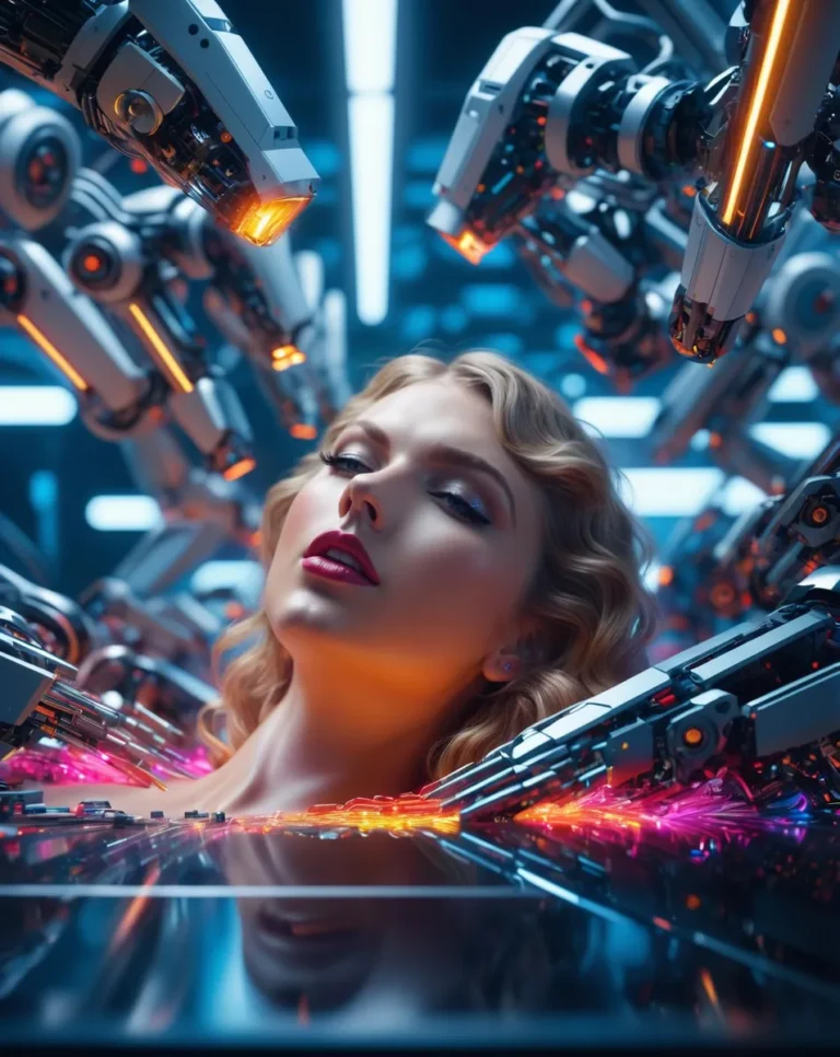 A beautiful cybernetic woman with closed eyes, surrounded by futuristic robotic arms, created by AI using Stable Diffusion.