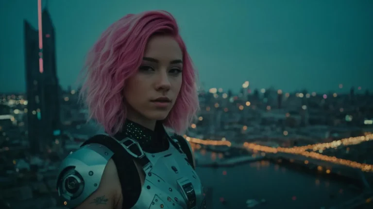 A cyberpunk girl with pink hair in futuristic armor overlooks the cityscape at dusk. An AI generated image using stable diffusion