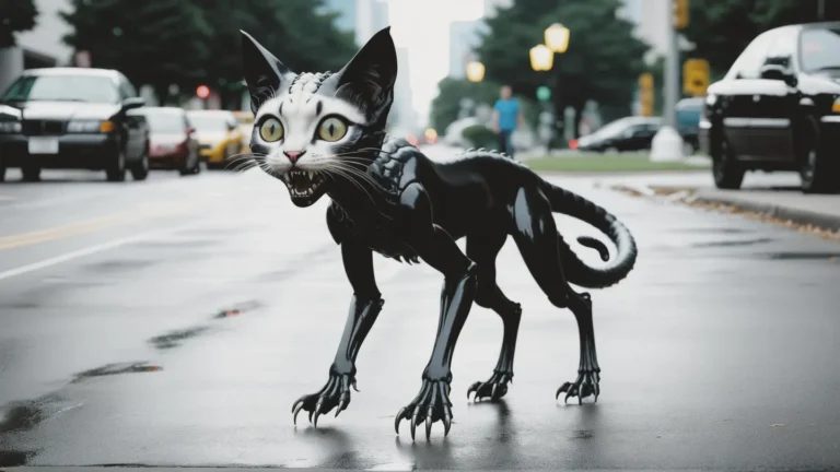 A cyberpunk-themed robotic cat with large, expressive eyes standing on a city street. AI-generated image using Stable Diffusion.