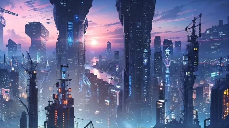 Futuristic metropolis with towering skyscrapers and neon lights at sunset, generated by AI using Stable Diffusion.