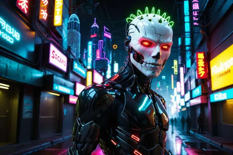 AI-generated image of a cyberpunk cyborg with glowing red eyes and neon-lit body armor standing in a futuristic cityscape with bright neon signs using Stable Diffusion.