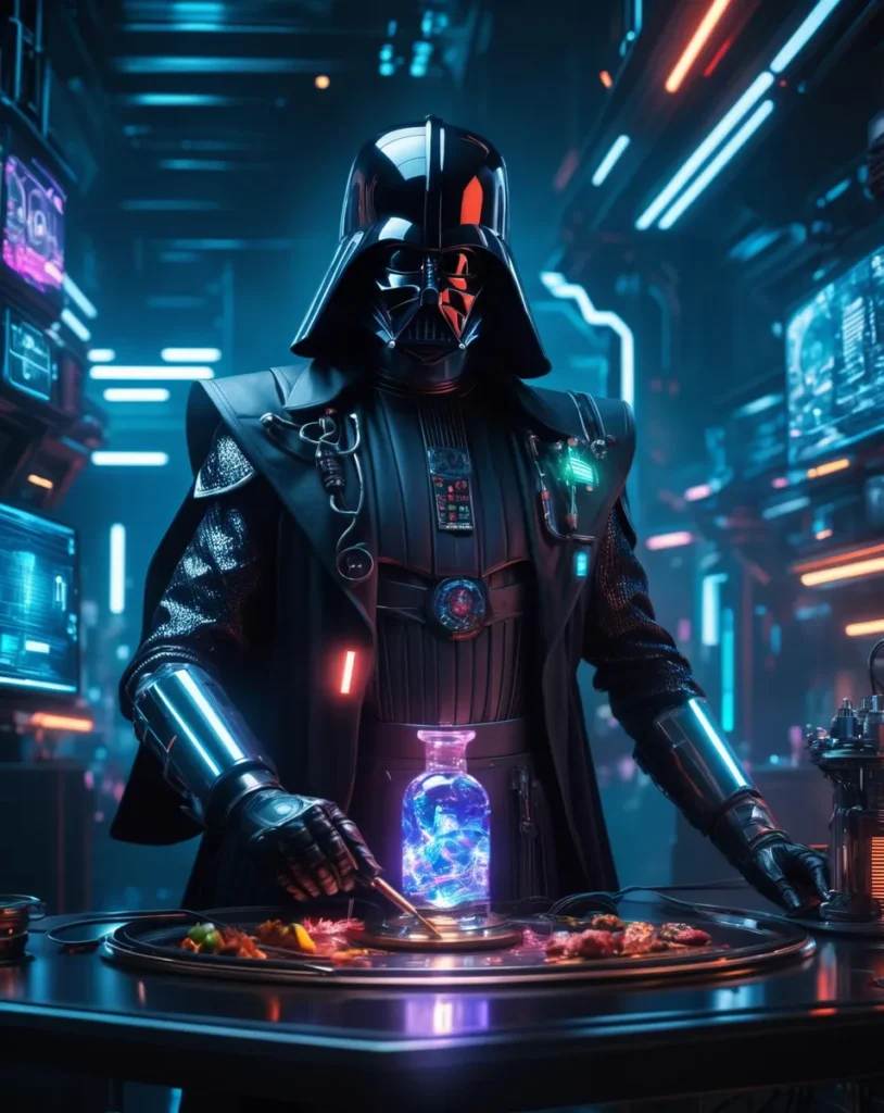 A cyberpunk themed image of Darth Vader cooking, generated using Stable Diffusion.