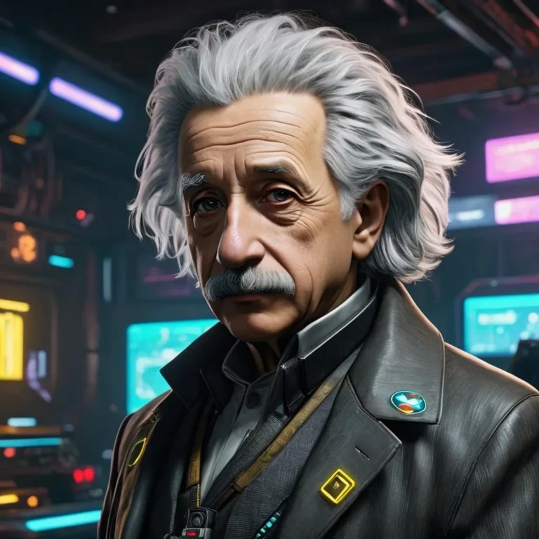 AI generated image of Albert Einstein with wild white hair and mustache in a cyberpunk setting created using Stable Diffusion.