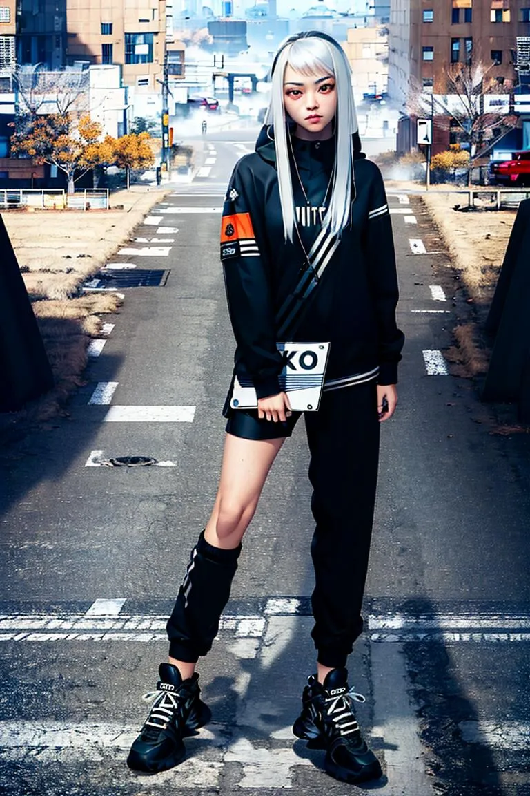 A cyberpunk style woman with long silver hair, wearing black urban clothing and standing on a city street. AI generated image using stable diffusion.