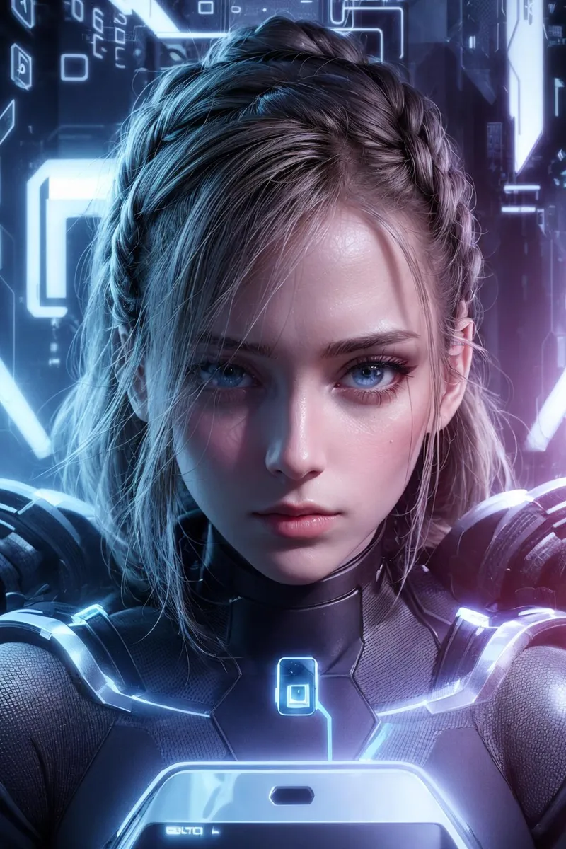 Close-up portrait of a futuristic female warrior with blue eyes in a cyberpunk setting, generated using AI Stable Diffusion.