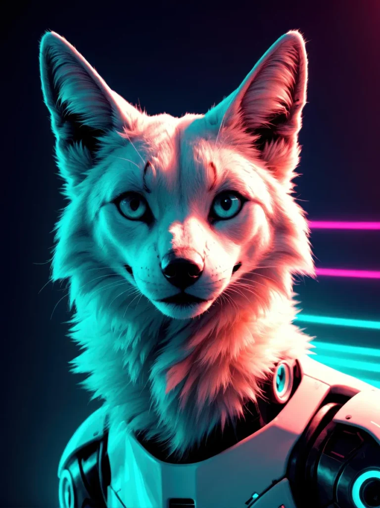 Cyberpunk style fox with futuristic armor in a neon-lit environment, created using stable diffusion AI.