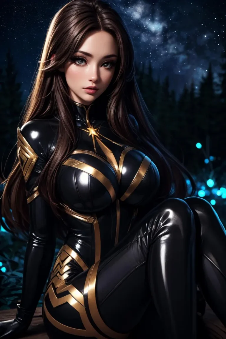 AI generated image of a cyberpunk girl in a sleek black and gold futuristic suit under a starry sky using stable diffusion.