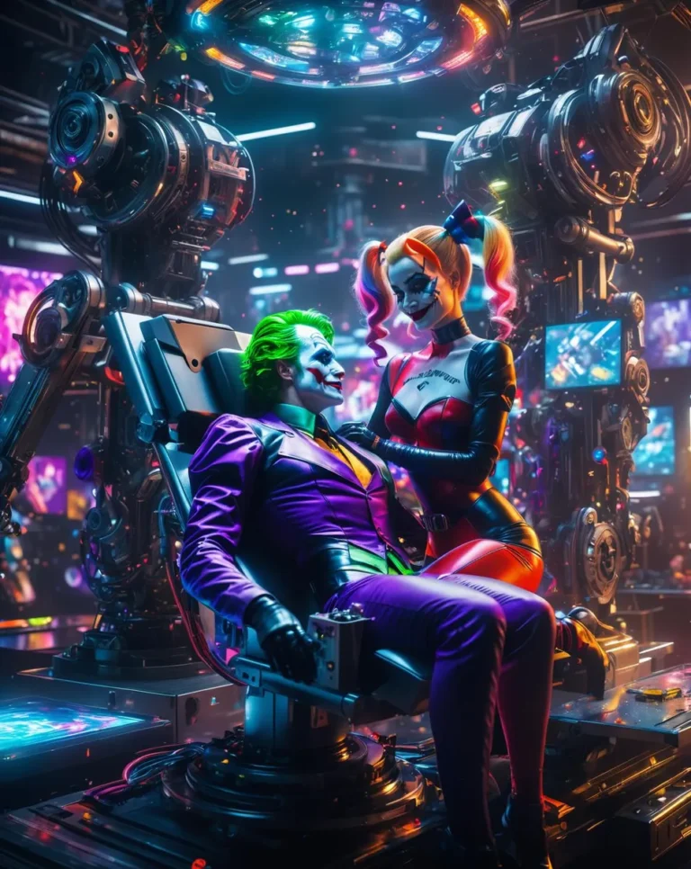 A cyberpunk themed image featuring Joker and Harley Quinn in a high-tech futuristic lab with vibrant neon lighting. Generated using AI with Stable Diffusion.