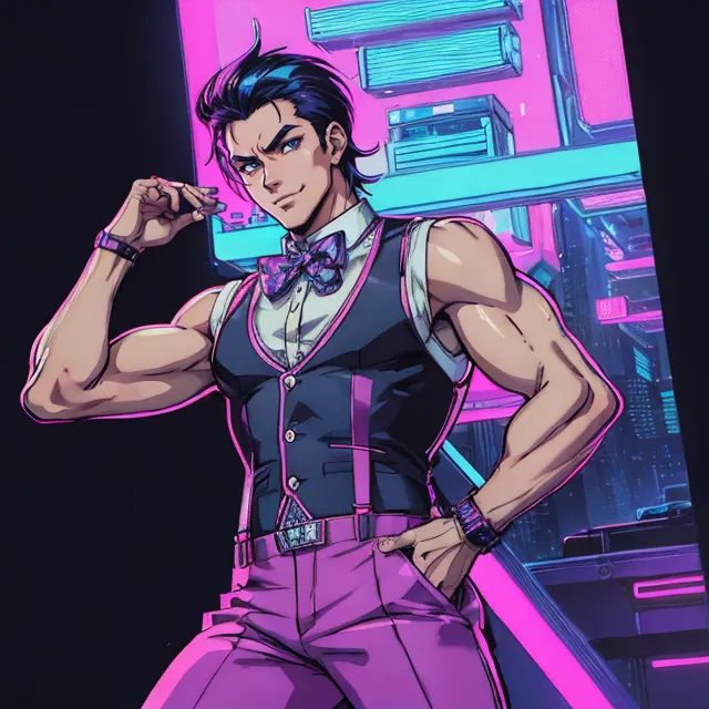 Stylized muscular man wearing a vest and bow tie pose confidently in a neon-lit futuristic cityscape. This AI generated image uses Stable Diffusion.