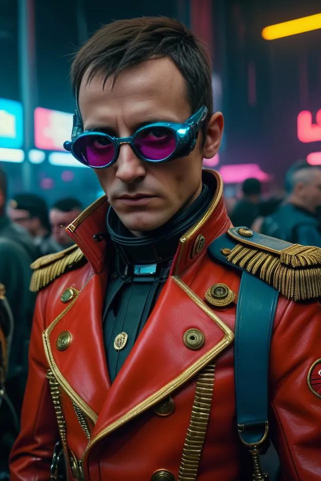 A person in a red military-inspired jacket with golden epaulettes, wearing futuristic purple-tinted glasses. AI generated image using stable diffusion.