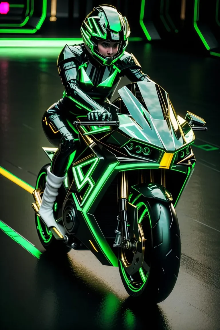 A futuristic motorcyclist in a neon-lit suit and helmet, riding a cutting-edge bike with glowing accents. AI generated image using Stable Diffusion.