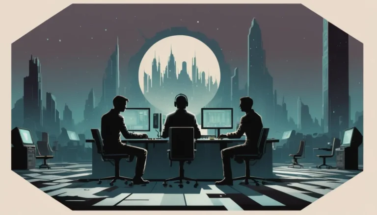 A cyberpunk office with three silhouetted workers at computer stations, background features a futuristic cityscape with a giant moon, created using Stable Diffusion.