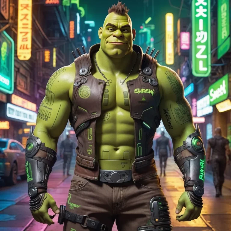 Muscular green character resembling Shrek in a cyberpunk setting. An AI generated image using Stable Diffusion.