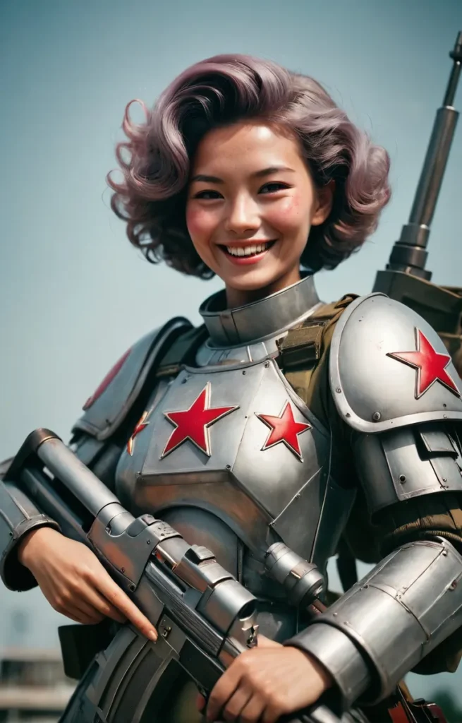 Young woman with curly hair smiles while wearing futuristic, cyberpunk armor featuring red stars, holding a large futuristic rifle. AI generated image using Stable Diffusion.
