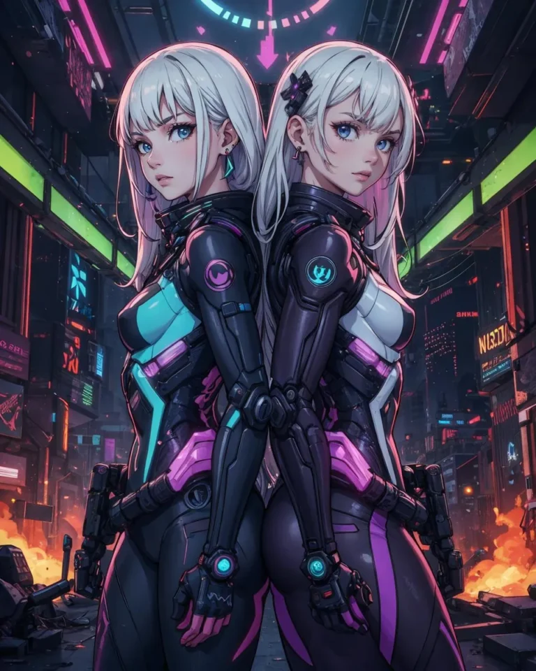 AI generated image using stable diffusion of cyberpunk twins with white hair wearing futuristic bodysuits in an illuminated cityscape.