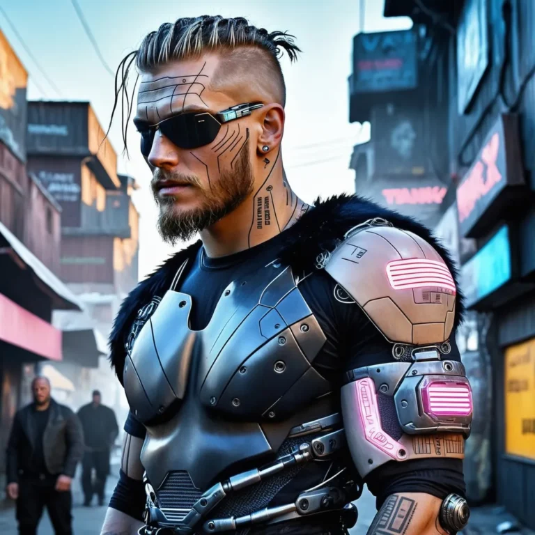 A cyberpunk warrior with detailed futuristic armor standing in an urban dystopian setting. This is an AI generated image using Stable Diffusion.
