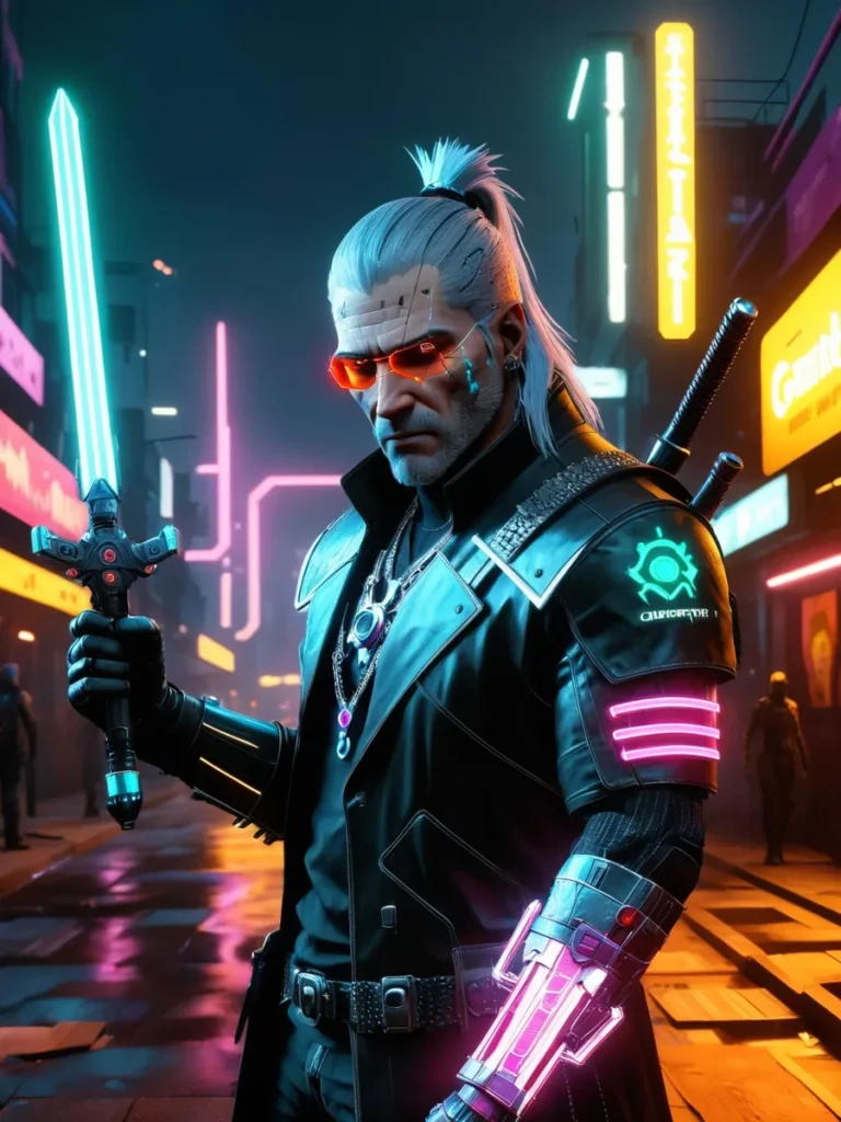 A cyberpunk warrior stands in a neon-lit city street. The warrior has silver hair tied back, wearing futuristic armor with neon lights, and holding a glowing neon sword. The background features a vibrant, futuristic cityscape with neon signs.