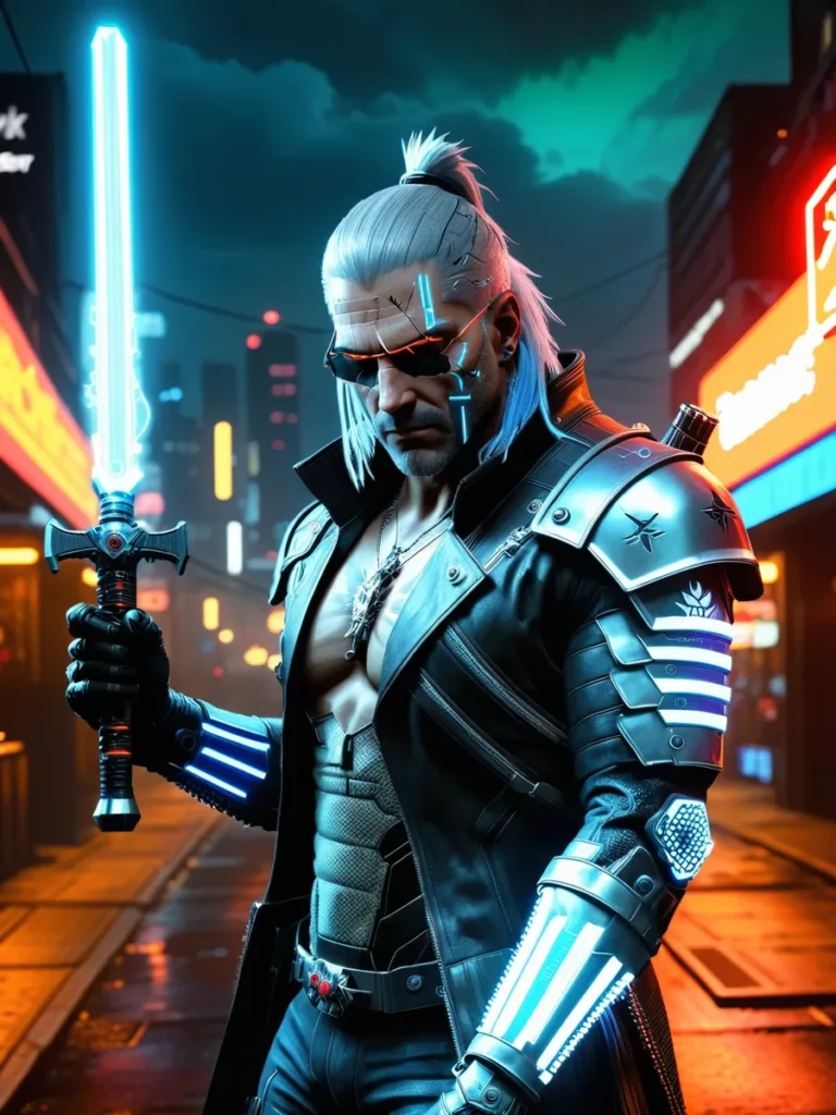 A cyberpunk warrior with white hair and futuristic armor holding a glowing blue sword in a neon-lit cityscape, created using Stable Diffusion.