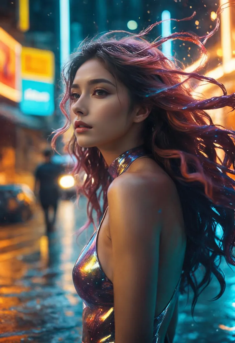Cyberpunk woman with flowing hair in a reflective outfit, standing on a rainy street lit by neon lights. AI generated image using Stable Diffusion.