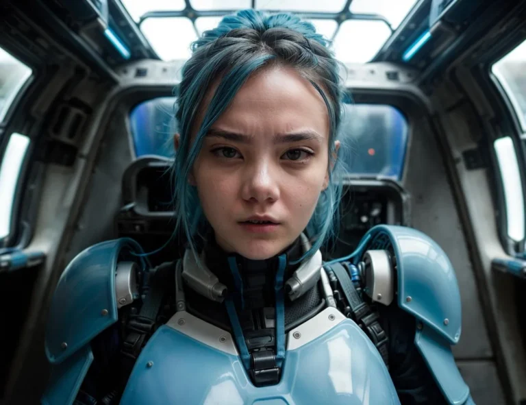 A cyberpunk woman wearing futuristic blue armor inside a high-tech spaceship cockpit, AI generated image using Stable Diffusion.