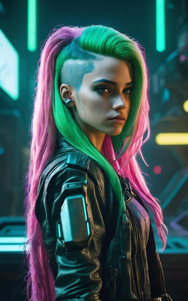 An AI generated image using stable diffusion of a cyberpunk woman with neon green and pink hair, in a futuristic setting.