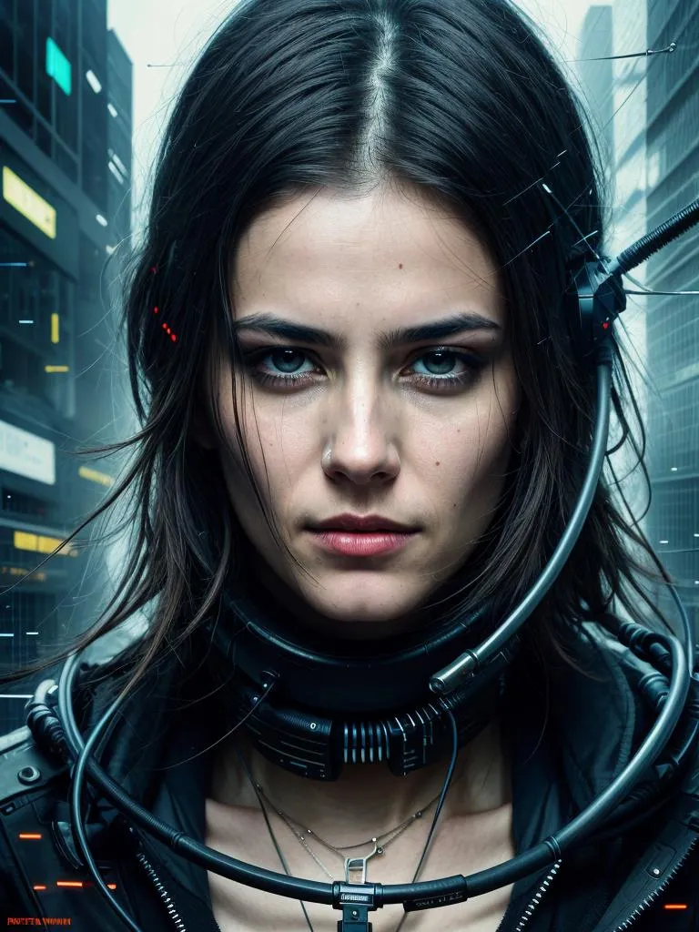 Close-up of a cyberpunk-style woman with a determined expression, detailed futuristic outfit, and technological accessories, set against the backdrop of a high-tech, neon-lit cityscape. This is an AI generated image using stable diffusion.