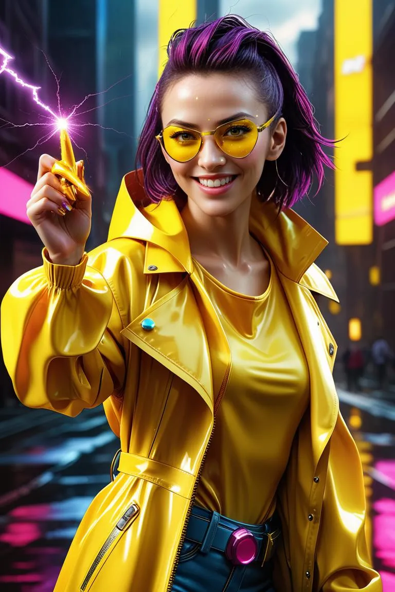 Cyberpunk woman with purple hair holding a lightning device, wearing a yellow jacket, created with Stable Diffusion.