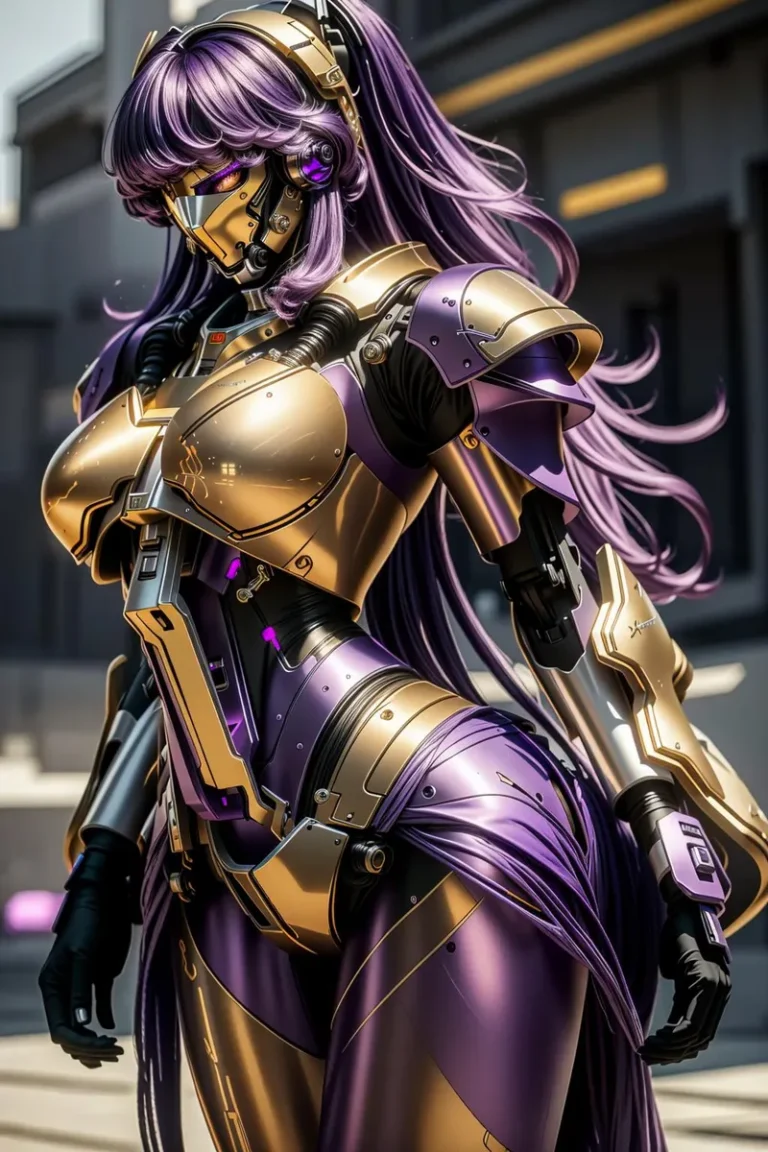 Cyberpunk-themed female android adorned in intricate gold and purple futuristic armor, with long flowing hair, showcasing a mix of high-tech robotics and human-like features. AI generated using Stable Diffusion.