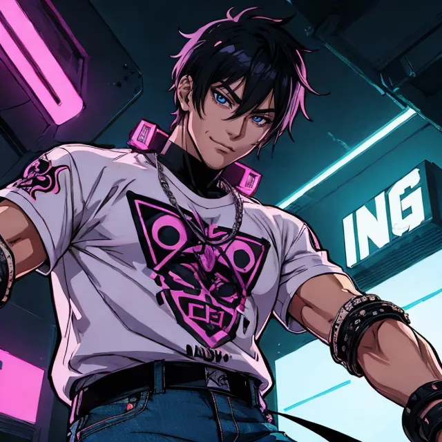 Cyberpunk anime character with dark hair, wearing a white t-shirt with a geometric design, standing in a neon-lit futuristic setting. AI generated image using Stable Diffusion.