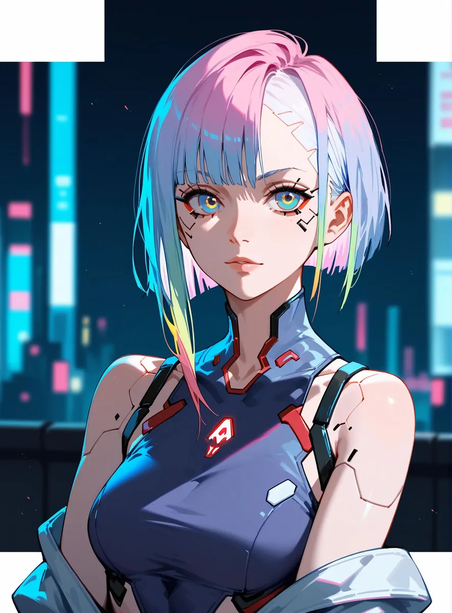 A cyberpunk-themed anime girl with pink and blue hair, wearing a futuristic outfit. AI-generated image using Stable Diffusion.