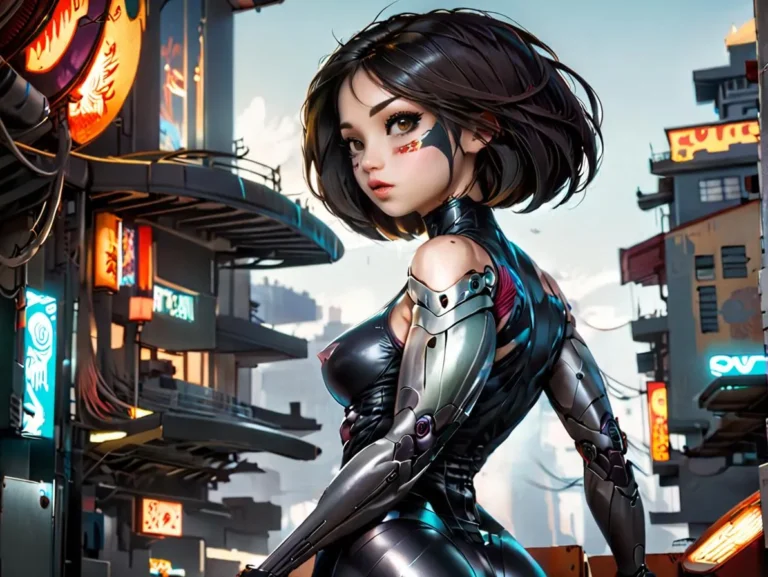 An AI generated image using stable diffusion of a cyberpunk anime girl with robotic arms in a futuristic cityscape.