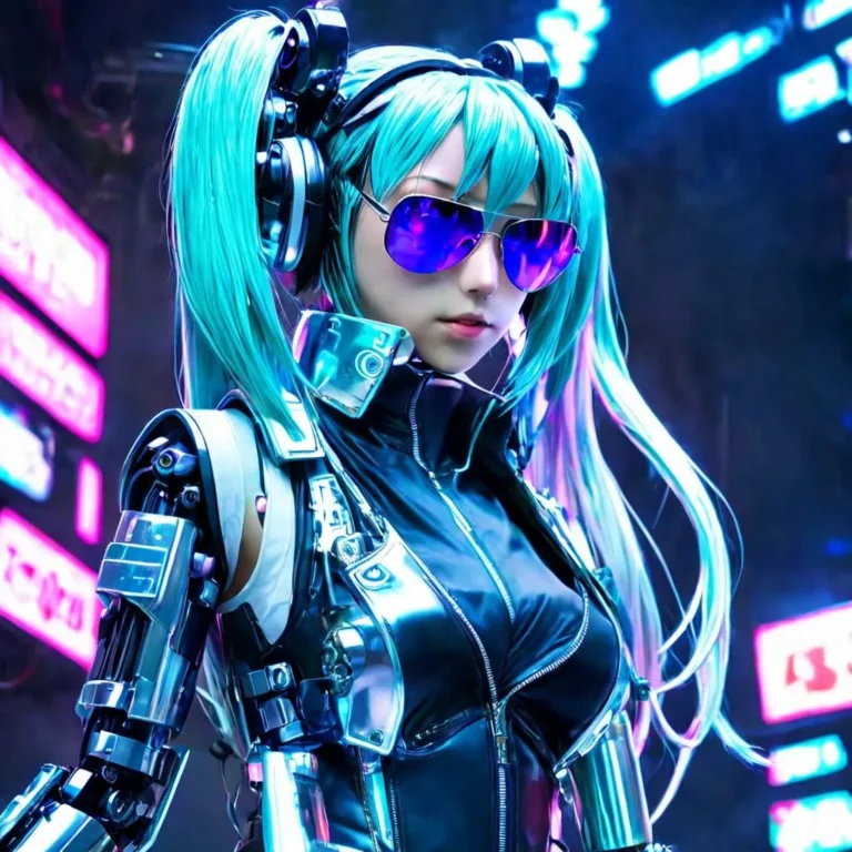 A cyberpunk-themed anime girl with blue twin pigtails, wearing futuristic sunglasses, a sleek black outfit, and cybernetic enhancements in a neon-lit urban setting. AI generated image using stable diffusion.