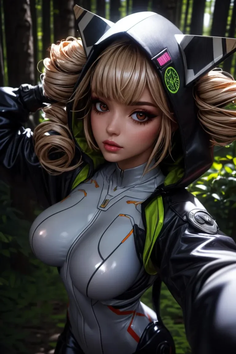 AI generated image of a cyberpunk-styled anime girl with large expressive eyes and blonde hair in ringlets, wearing a futuristic suit and cat-eared hood, standing in a lush forest, created using Stable Diffusion.