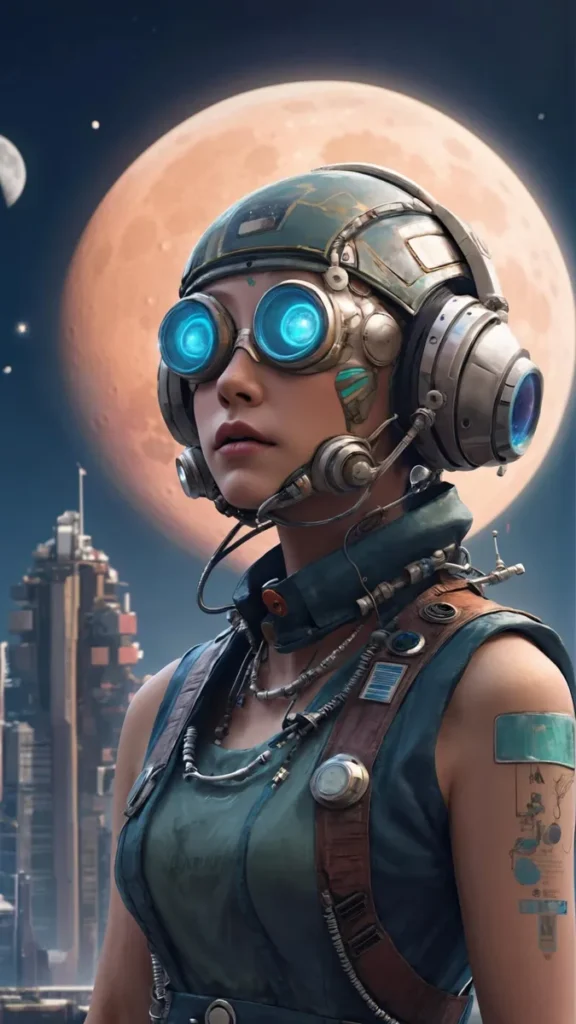 Cyberpunk astronaut with a futuristic helmet and glowing blue goggles in front of a large moon in the background. This is an AI generated image using Stable Diffusion.