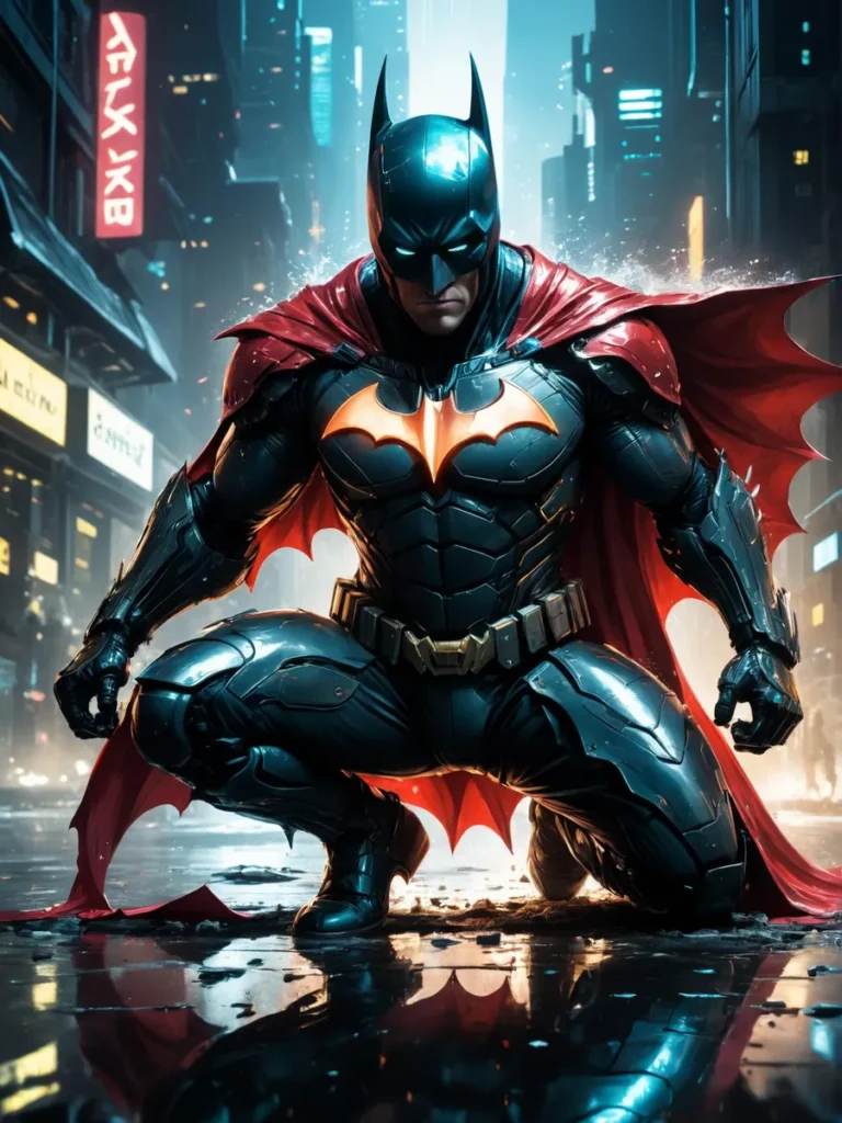 An AI-generated image of Batman in a cyberpunk city at night, crouching on the wet ground with a focused expression and a cityscape background.
