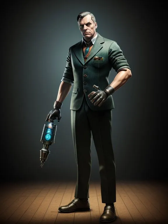 A cyberpunk businessman wearing a green suit holding a futuristic weapon, created using AI stable diffusion.
